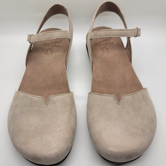 Dansko Rowan Suede Ankle Strap Clogs Beige Sparkle Leather Size 38 Comfort Shoes - Picture 6 of 16